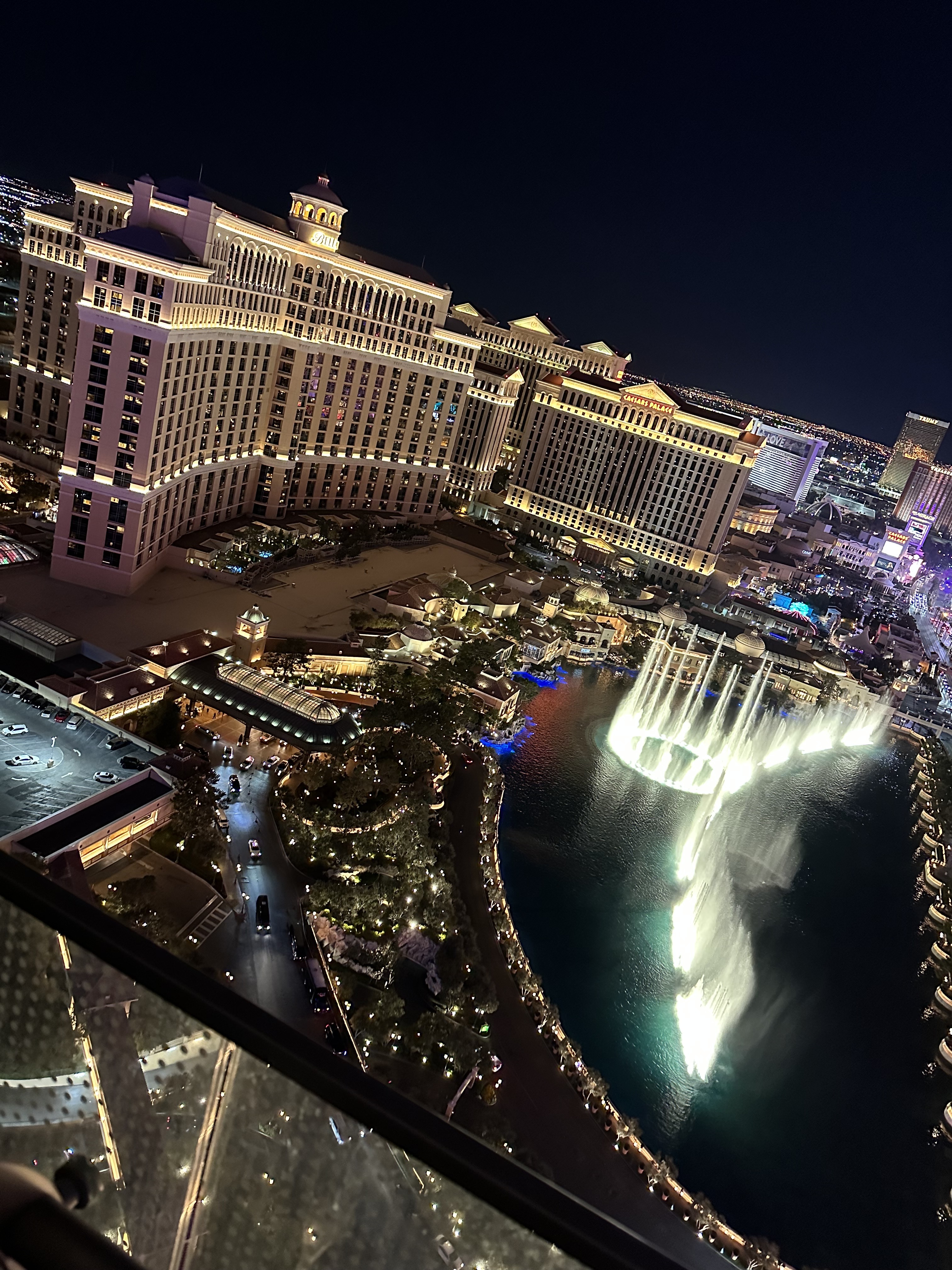 Night time view of Bellagio Fountains from Cosmo King Balcony Room